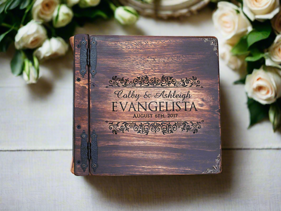 A beautifully crafted personalized wedding photo album by Rustic Engravings to capture your cherished memories in. Expertly designed by Tylir Wisdom, each album is a unique work of art that tells the story of your special day. The perfect wedding gift or 